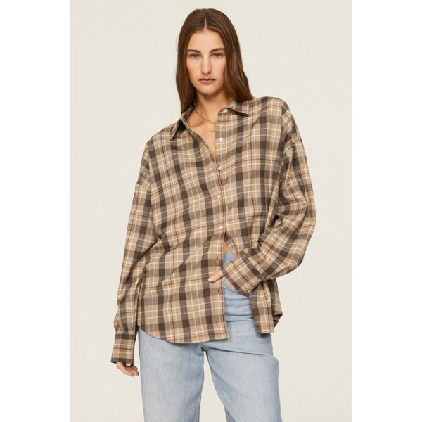 Brown plaid polyester blend (63% Polyester, 32% Viscose, 5% Elastane). Top. Long sleeves. Collar. Button front closure. 30" from shoulder to hemline. Imported. Plaid Shirt With Placket For Fall, Plaid Fall Shirt With Placket, Fall Plaid Shirt With Placket, Fall Plaid Top With Placket, Classic Plaid Tops For Fall, Relaxed Fit Plaid Shirt For Daywear, Plaid Button-up Shirt For Daywear, Relaxed Fit Plaid Blouse With Button Closure, Oversized Plaid Collared Top