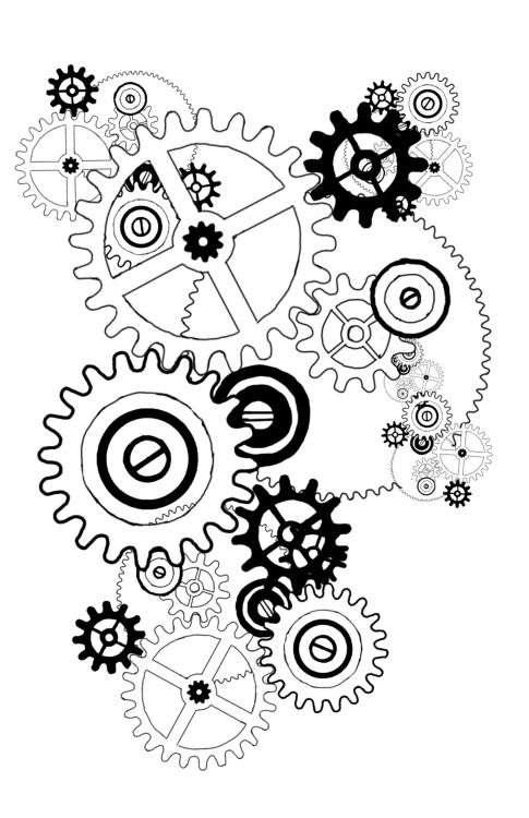 black and white drawing of gears on a white background