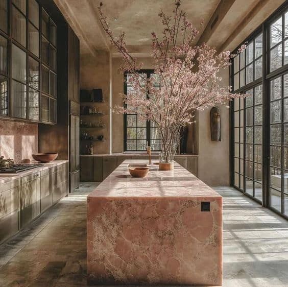 a large kitchen with marble counter tops and cabinets in front of glass doors that look out onto the outdoors