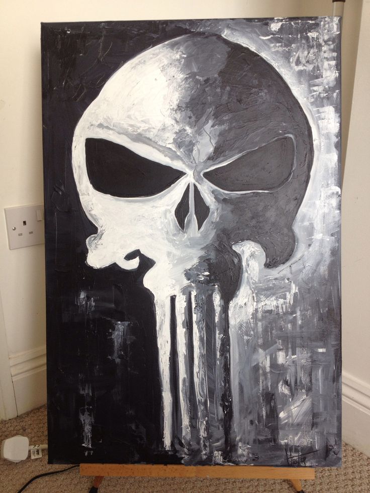 a painting of a skull on a black and white background is being displayed in front of a wall