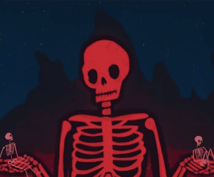 three skeletons sitting in the middle of a dark room with red light coming from behind them