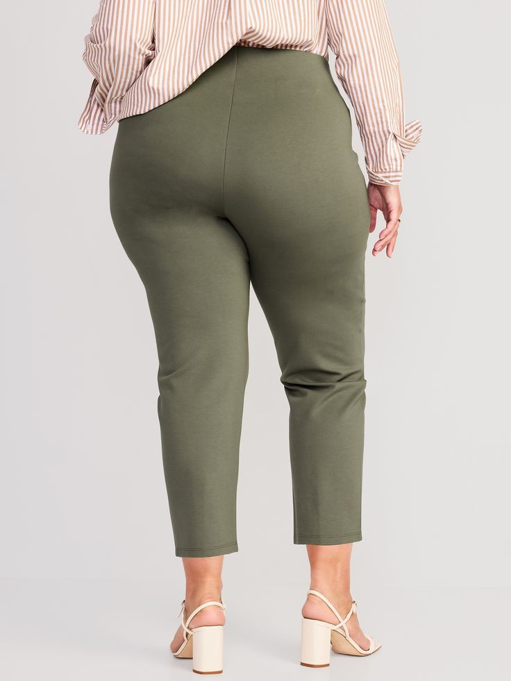 A soft, thick knit that feels like a fancy legging.  Elasticized waistband.  Diagonal hip pockets.  Clever Secret-Smooth front pockets hold you in for a smoothing effect.  Rayon-blend ponte knit with stretch.  Easy pull-on style.  #494989 Extra high- Green Pull-on Straight Pants, Casual Straight Leg Bottoms With Wide Waistband, Casual Bottoms With Wide Waistband And Straight Leg, Casual Straight Leg Pull-on Dress Pants, Casual Straight Leg Pants With Wide Waistband, Versatile Straight Leg Pants With Wide Waistband, Stretch Dress Pants With Pockets, High-waisted Relaxed Fit Dress Pants With Elastic Waistband, Relaxed Fit High-waisted Dress Pants With Elastic Waistband