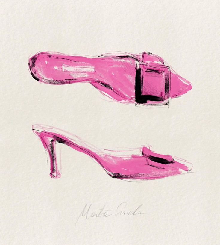 two pairs of pink high heeled shoes drawn by hand on white paper with black ink