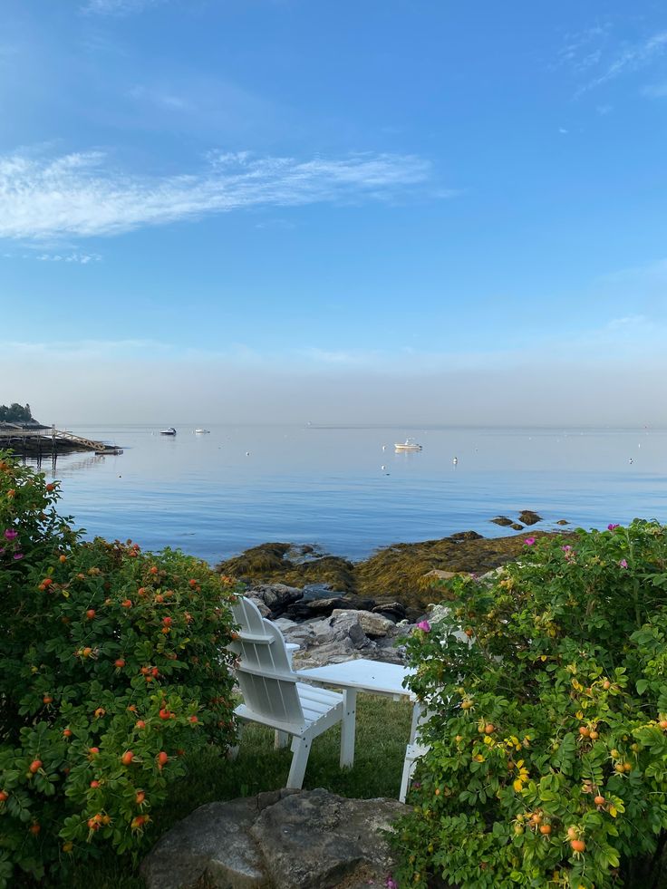 two white chairs sitting on top of a lush green field next to the ocean with boats in the distance