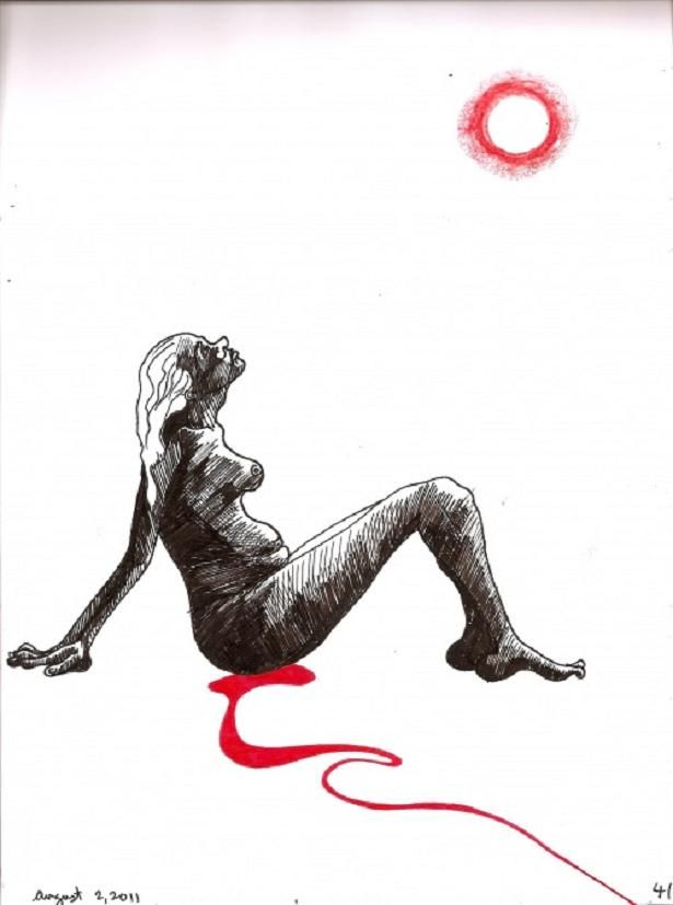 a drawing of a woman sitting on the ground with blood dripping from her leg and head