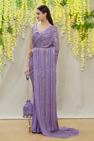 Shop for Yoshita Couture Purple Karina Linear Embroidered Saree Set for Women Online at Aza Fashions Sari Ideas, Linear Embroidery, Modern Sari, Chic Prom Dresses, Designer Sarees Wedding, Sarees For Girls, Saree Wearing Styles, Women Saree, Fancy Sarees Party Wear