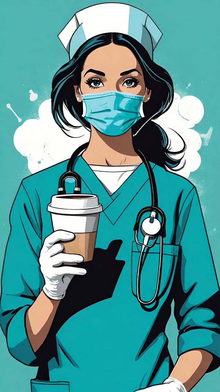 a woman in scrubs holding a coffee cup