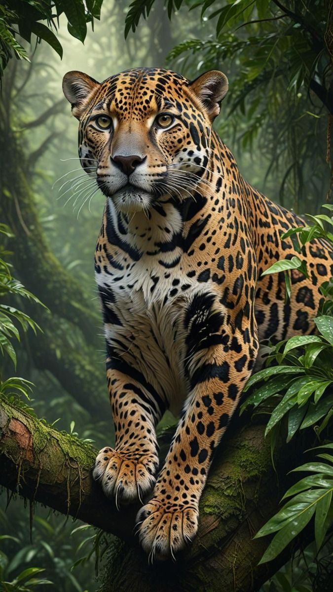 a painting of a leopard sitting on a tree branch in the jungle with green leaves