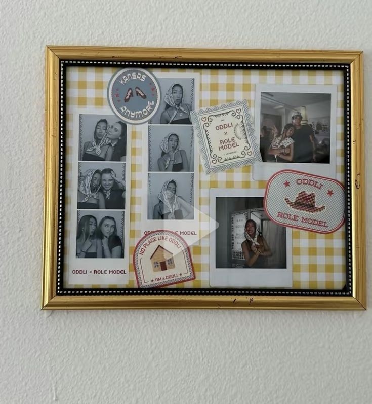 a framed photo with pictures and other things on the wall in front of it that include a clock