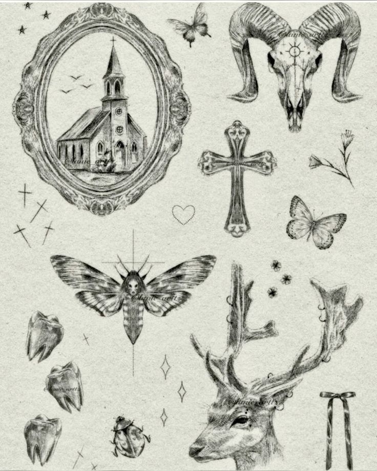 an image of tattoos with animals and crosses