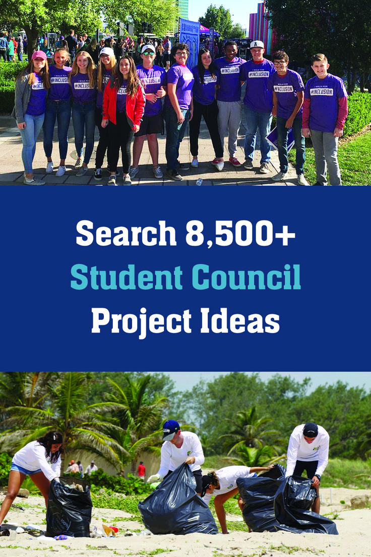 several people are standing on the beach with trash bags in front of them and text that reads search 8, 500 + student council project ideas