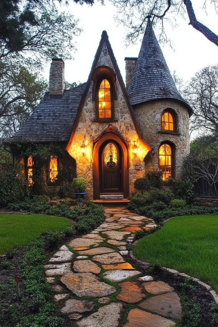 a stone path leading to a house with lights on it's windows and door