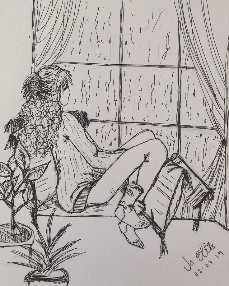 a black and white drawing of a woman sitting on a couch in front of a window