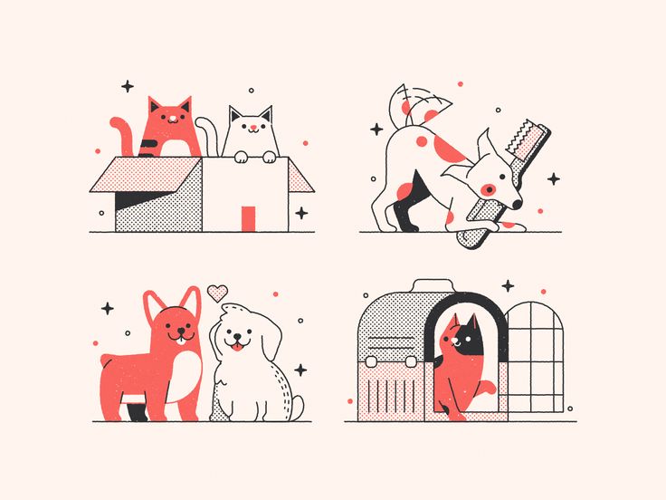 four illustrations of dogs, cats and mailboxes in different colors on a pink background