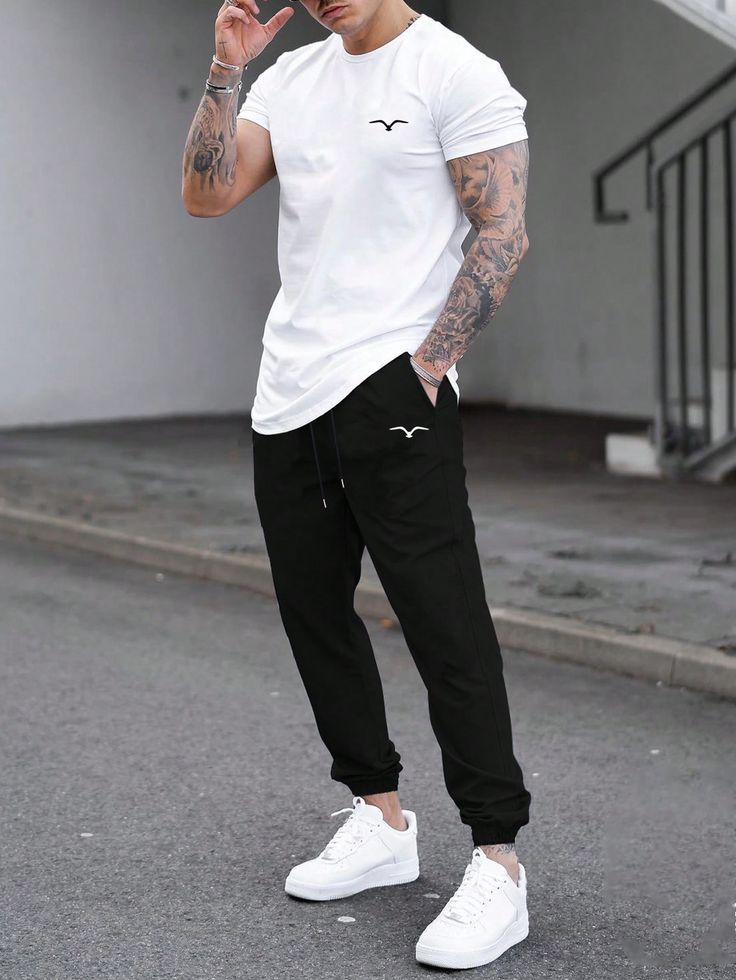 Men Bird Print Tee & Drawstring Waist Sweatpants Black and White Casual  Short Sleeve Fabric Animal  Slight Stretch  Men Clothing, size features are:Bust: ,Length: ,Sleeve Length: White Shoes Outfit Men, Mens Joggers Outfit, White Shoes Outfit, Jogger Outfit, Black Outfit Men, Long Pants Outfit, Sneaker Outfits, Pants Outfit Men, Dope Outfits For Guys