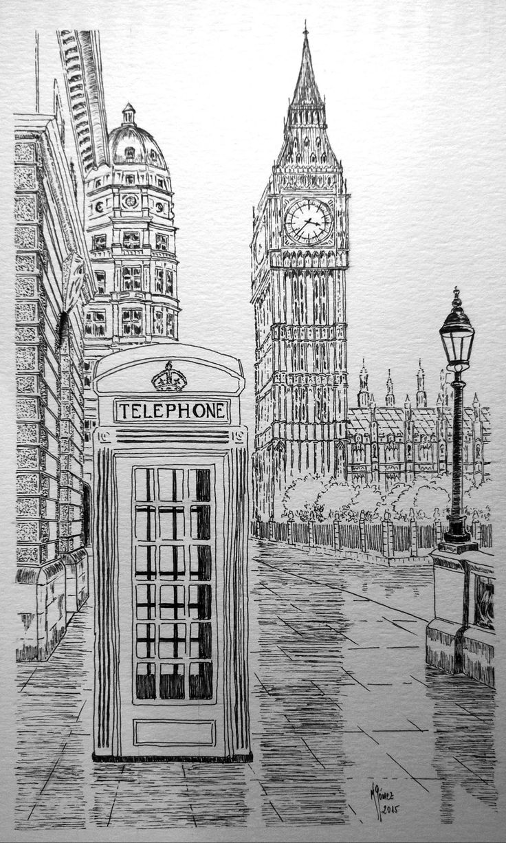 a drawing of a phone booth in the middle of a city with big ben behind it