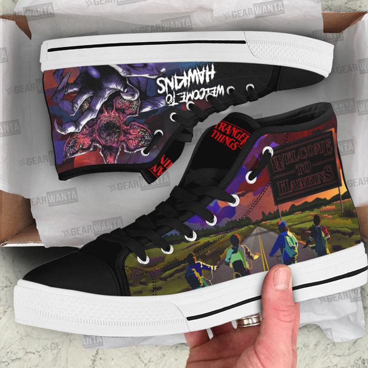 Stranger Things Hawkins High Top Shoes Custom Full canvas double sided print with rounded toe construction. Lace-up closure for a snug fit. Metal eyelets for a classic look Soft textile lining with lightweight construction for maximum comfort. High quality outsole for traction and exceptional durability. Please allow 7-10 business days to receive a tracking number while your order is hand-crafted, packaged and shipped from our facility. Size Chart: Stranger Things Merch Blanket, Stranger Things Sublimation Tumbler, Stranger Things Tree Topper, Stranger Things Merch Shoes, Max Shoes Stranger Things, Stranger Things Bff Necklaces, Hellfire Club Shoes, Custom Nike Shoes Stranger Things, Stranger Things Custom Shoes