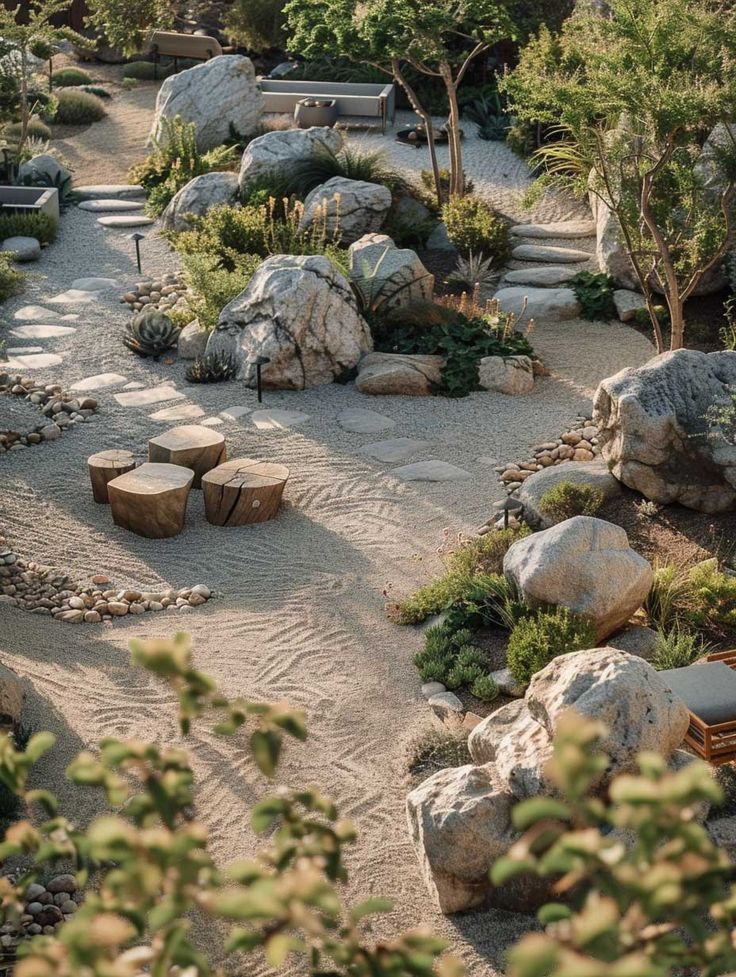 a rock garden with benches and rocks in the middle, surrounded by shrubbery and trees