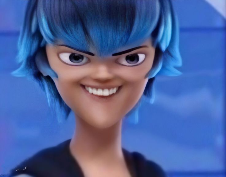 an animated character with blue hair and big eyes