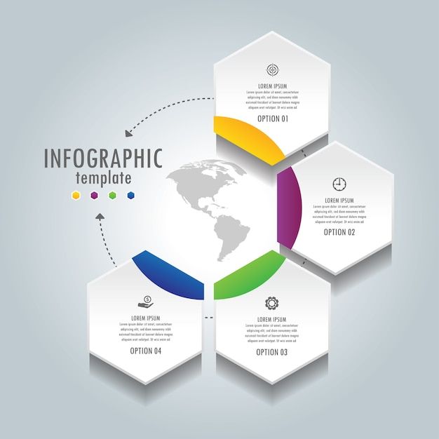 three hexagonals with different colors and shapes on the top one is labeled info graphics