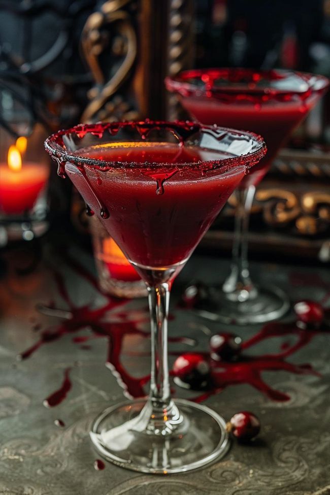 two glasses filled with red liquid sitting on top of a table