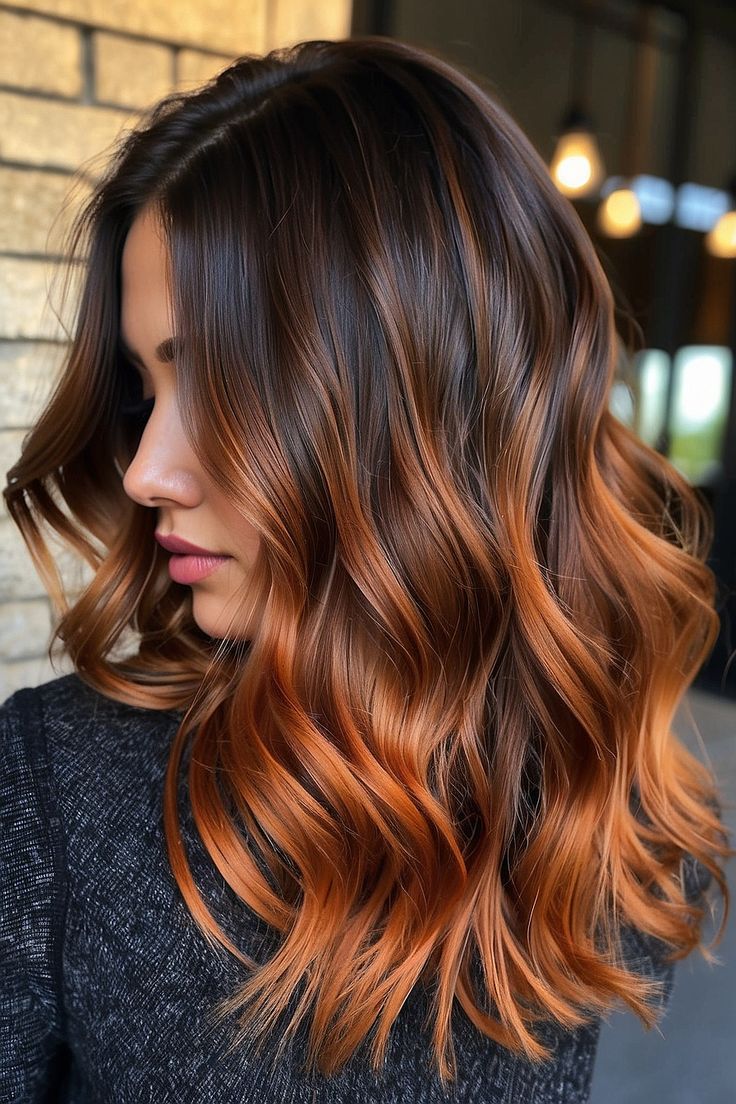 Brown And Ginger Balayage Hair, Copper Hair Ideas For Brunettes, Short Copper Balayage Hair, Cooper Highlights On Dark Hair, Copper Balayage With Bangs, Ombré Copper Hair, Copper Balayage Hair Brunettes, Ombre Hair Copper, Brown And Copper Balayage