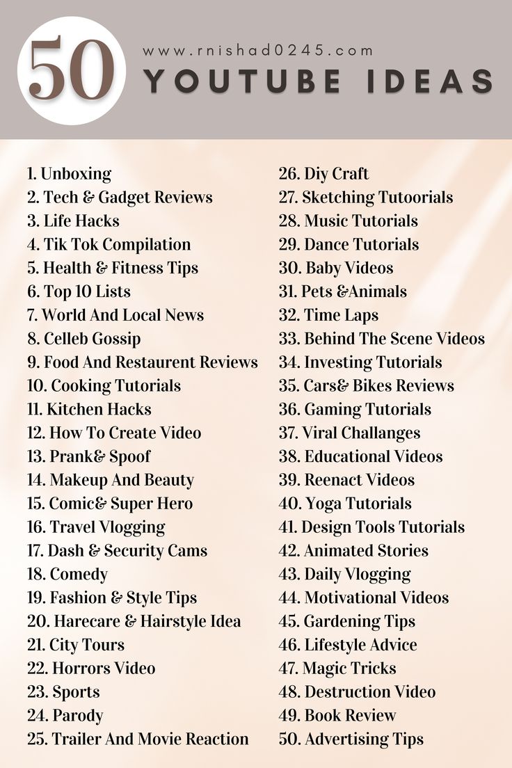 Get inspired with 50 YouTube ideas! If you're looking to start your own channel or just want to find some creative content, this list has got you covered. From vlogs to tutorials, comedy to gaming, there's a YouTube idea for everyone. Whether you're an aspiring filmmaker, a beauty guru, or just looking for some fun, this list will give you the inspiration you need. Start creating today and become a part of the online community! Youtube Videos Ideas List, Youtube Video Ideas Gaming, Challenges For Youtube, Fun Vlog Ideas, Youtube Channel Ideas Gaming, What Do You Need To Start A Youtube Channel, Creative Youtube Channel Names, Youtube Community Post Ideas, Youtube Beauty Channel Ideas