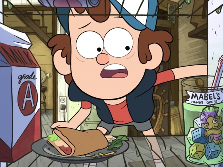 a cartoon character with food in front of him