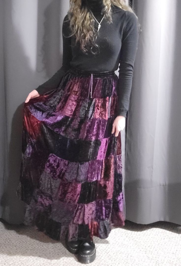 Velvet Patchwork Dress, Purple Velvet Skirt Outfit, Long Patchwork Skirt, Purple Long Skirt Outfit, Purple Witchy Outfit, Purple Skirt Outfit Ideas, Long Purple Skirt Outfit, Purple Maxi Skirt Outfit, Purple Whimsigothic