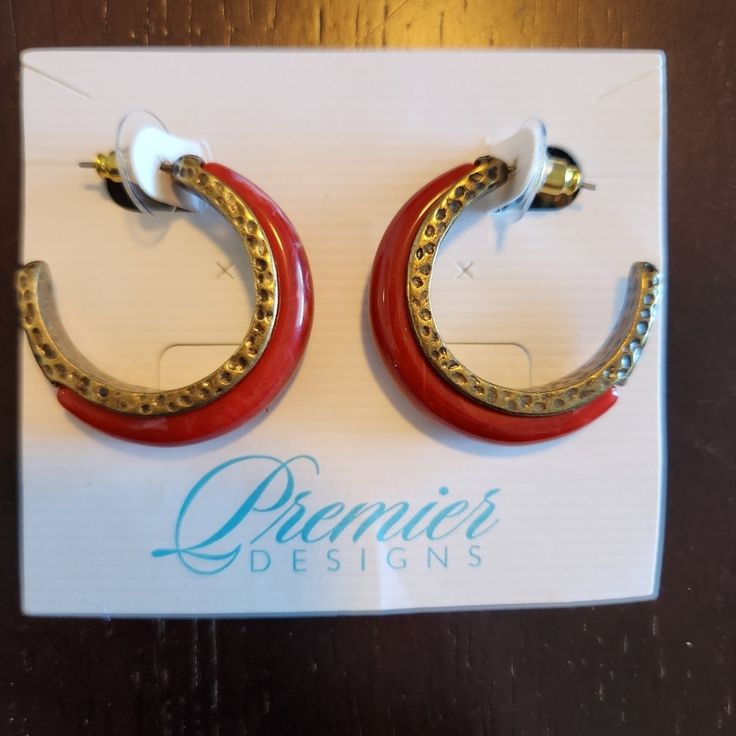 Red And Gold Hoop Earrings From Premier Designs Elegant Small Hoop Red Earrings, Trendy Red Metal Earrings, Elegant Red Hoop Jewelry, Elegant Small Red Hoop Earrings, Elegant Red Small Hoop Earrings, Trendy Red Metal Hoop Earrings, Trendy Small Hoop Red Earrings, Trendy Red Hoop Earrings, Trendy Small Red Hoop Earrings