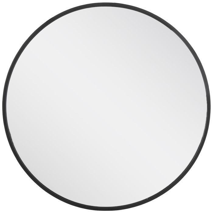 a round mirror on a white background with black trim around the edges and bottom edge