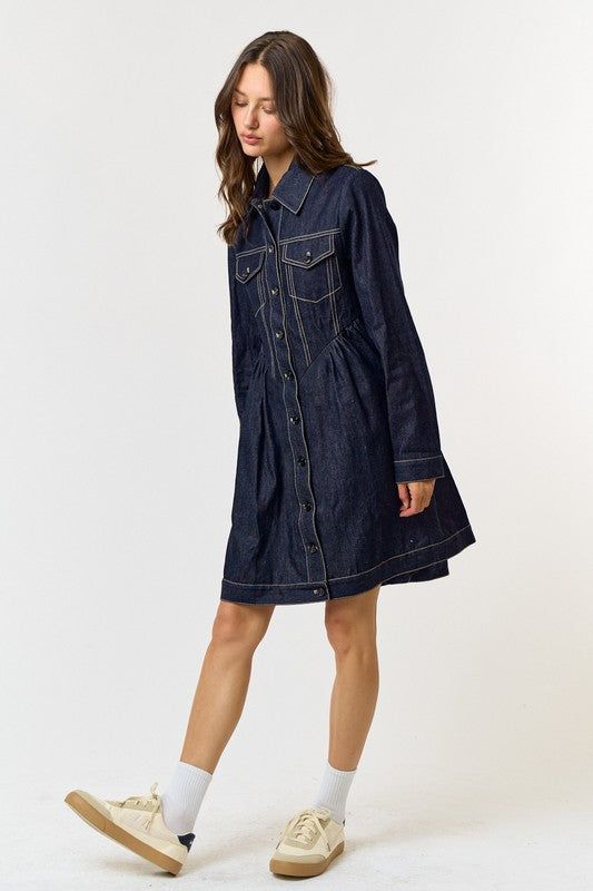 Button Down Denim Dress Contrast Stitching 90% Cotton, 10% Polyester Spring Denim Shirt Dress With Button Closure, Chic Denim Shirt Dress With Buttons, Button-up Denim Dress With Buttoned Pockets For Workwear, Dark Wash Knee-length Dress With Button Closure, Fall Workwear Denim Dress With Buttoned Pockets, Knee-length Dark Wash Dress With Button Closure, Spring Dark Wash Button-up Shirt Dress, Dark Wash Button-up Shirt Dress For Spring, Denim Button-up Shirt Dress For Work