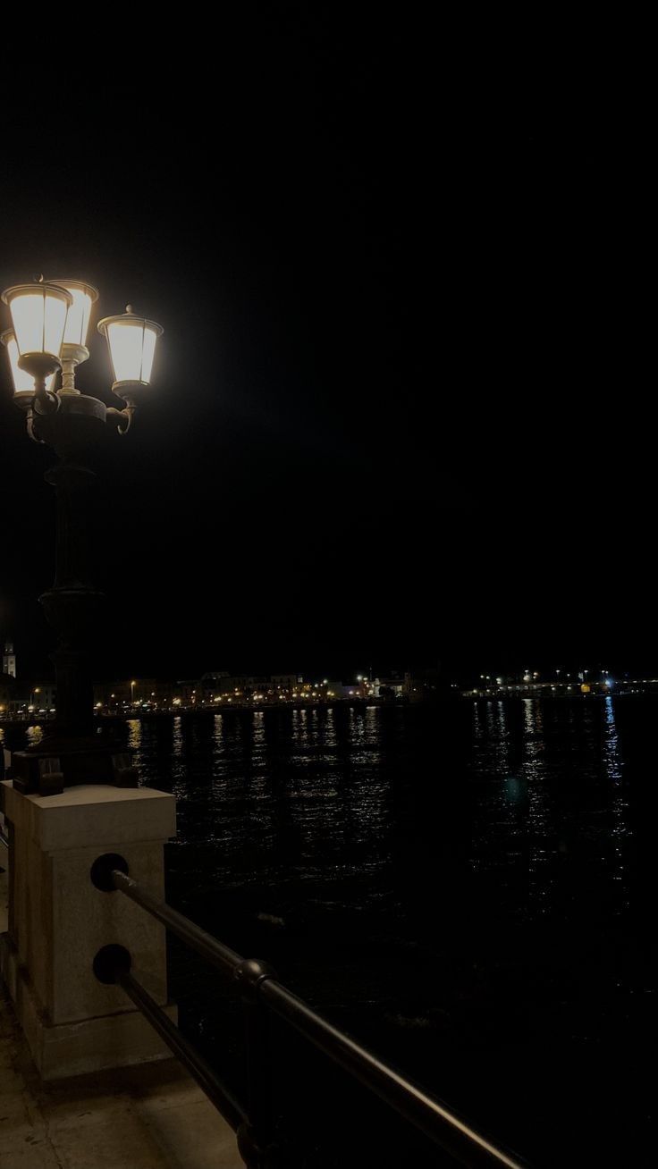 a street light sitting on the side of a river at night