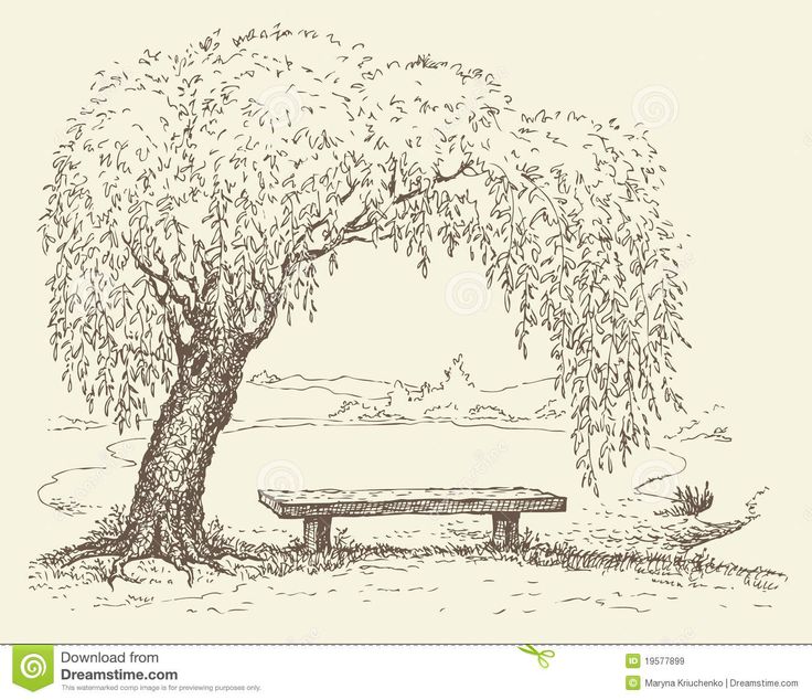 a drawing of a bench under a tree