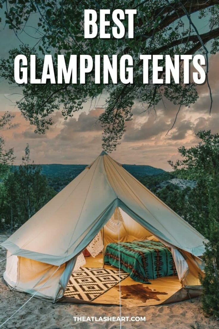 A canvas bell tent at dusk in a sandy, wooded clearing, with the text overlay, "Best Glamping Tents." Glamping Inspiration, Luxury Camping Tents, Yurt Tent, Auto Camping, Glamping Tents, Tent Living, Glamping Resorts, Go Glamping, Luxury Glamping