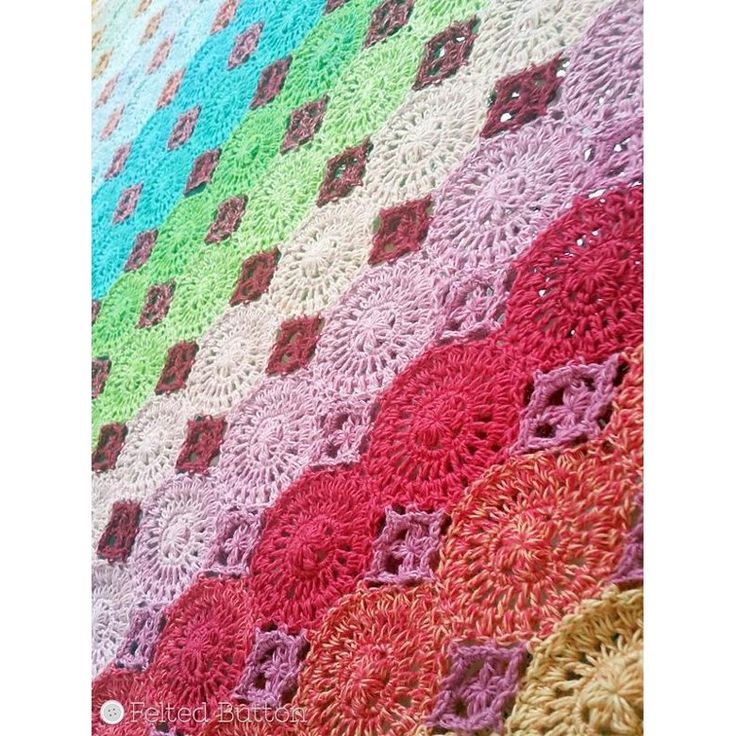 a crocheted blanket with many colors on it