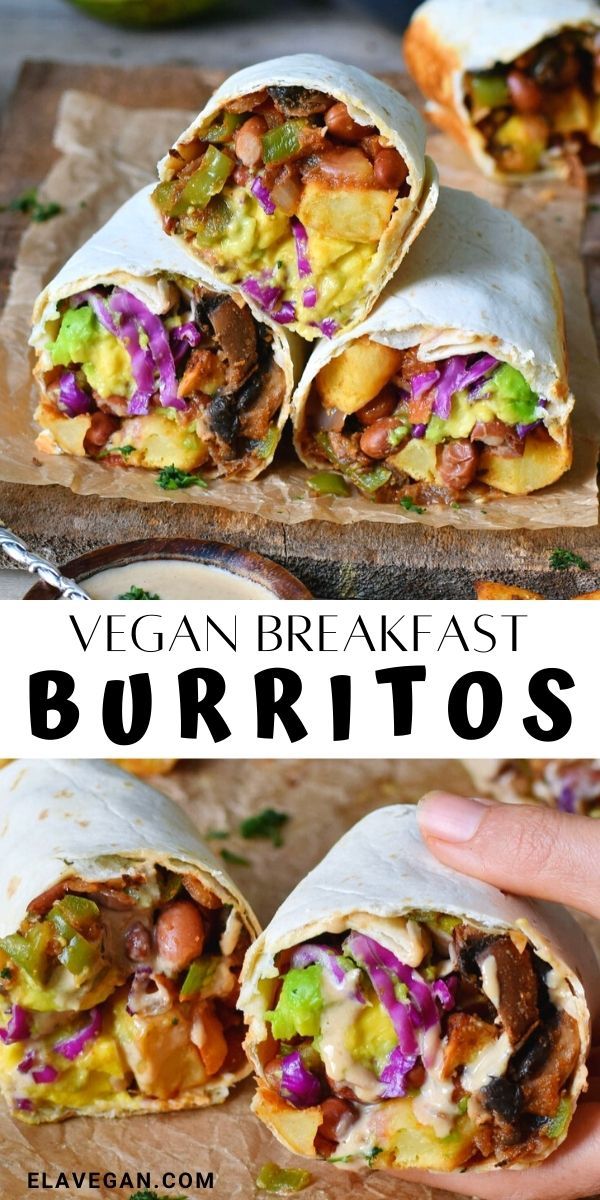 vegan breakfast burritos cut in half and stacked on top of each other