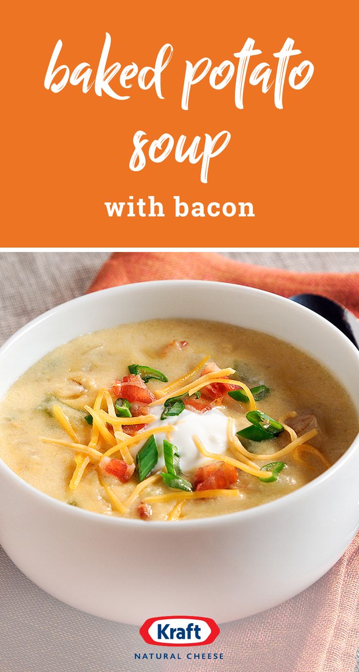 baked potato soup with bacon in a white bowl on top of a red and orange napkin