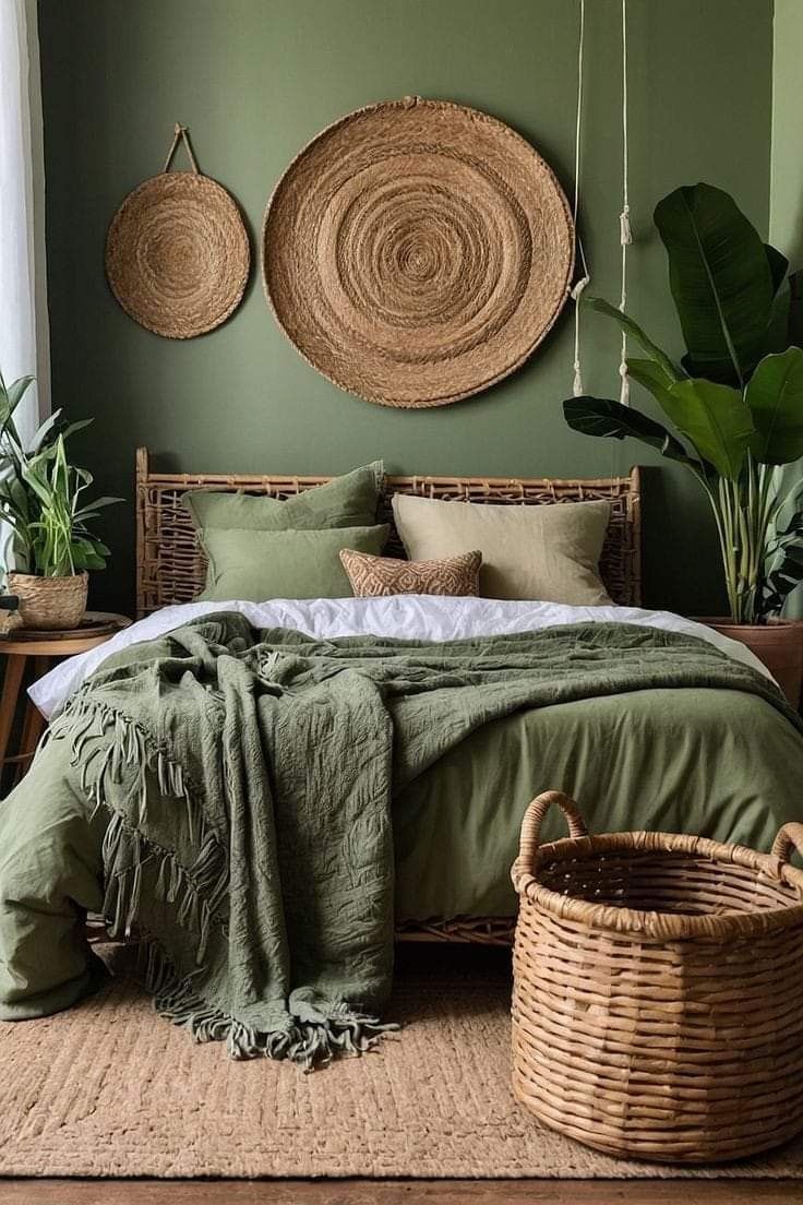 a bedroom with green walls and wicker baskets hanging on the wall above the bed