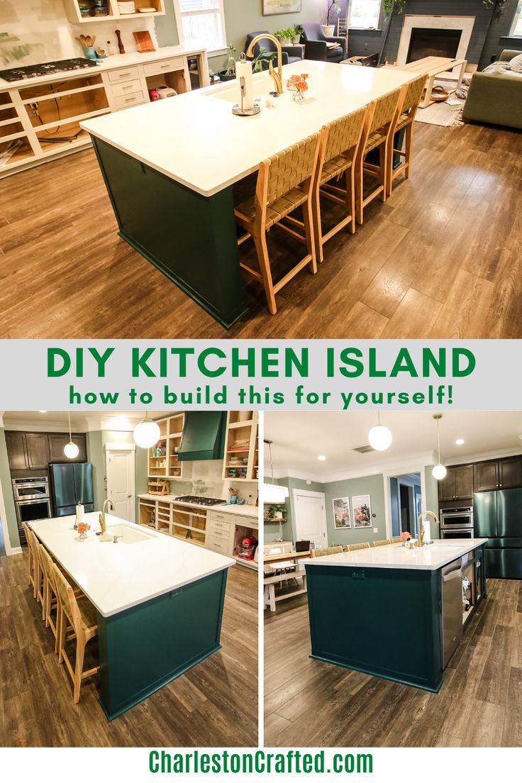 the kitchen island is built to look like it has been painted in green and white