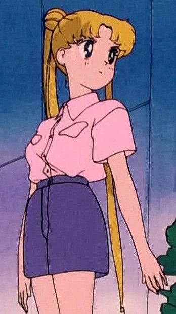 a cartoon girl with long blonde hair and blue shorts standing in front of a tree