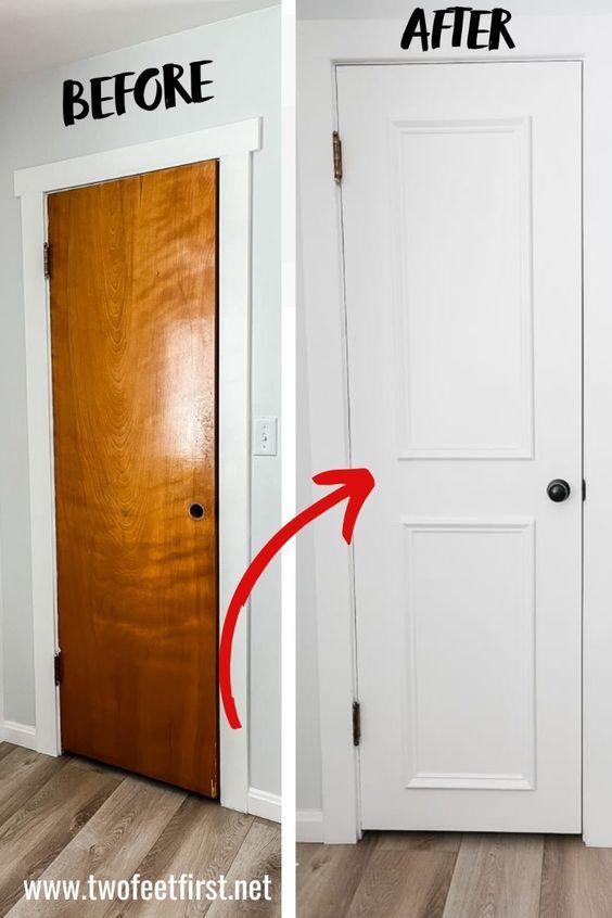 before and after pictures of a white door with black lettering that says, before and after