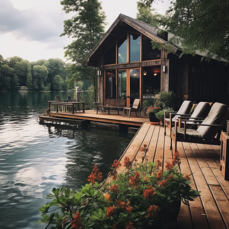 a wooden dock sitting next to a house on top of a lake