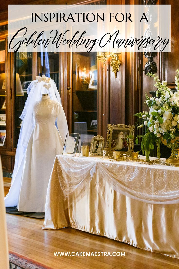 a wedding dress and gown on display in front of a bookcase with the words, inspiration for a golden wedding anniversary