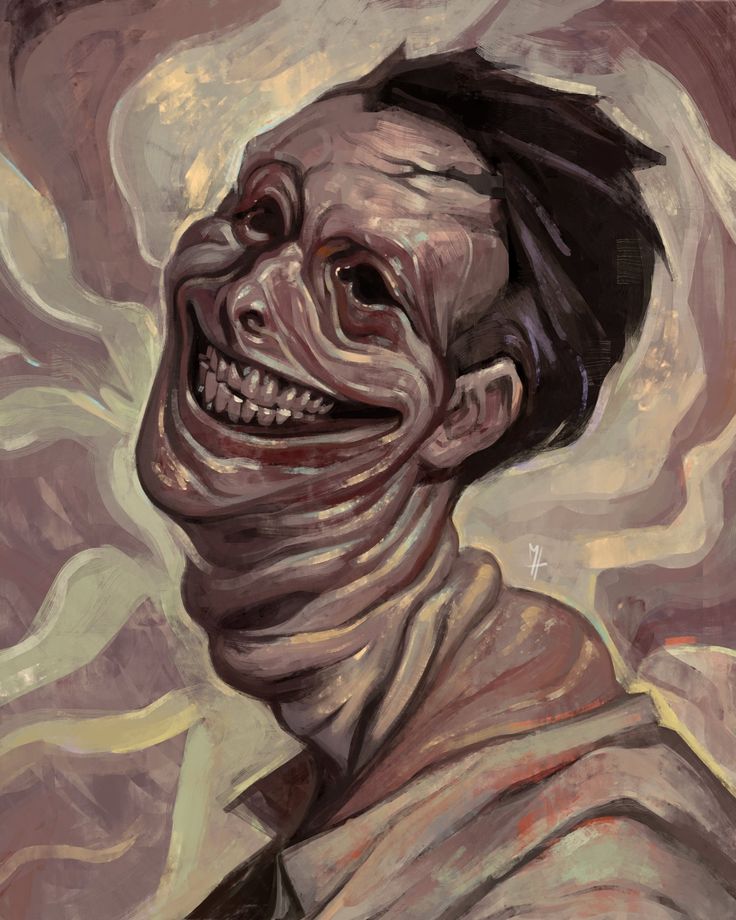 a painting of a smiling man with his mouth open