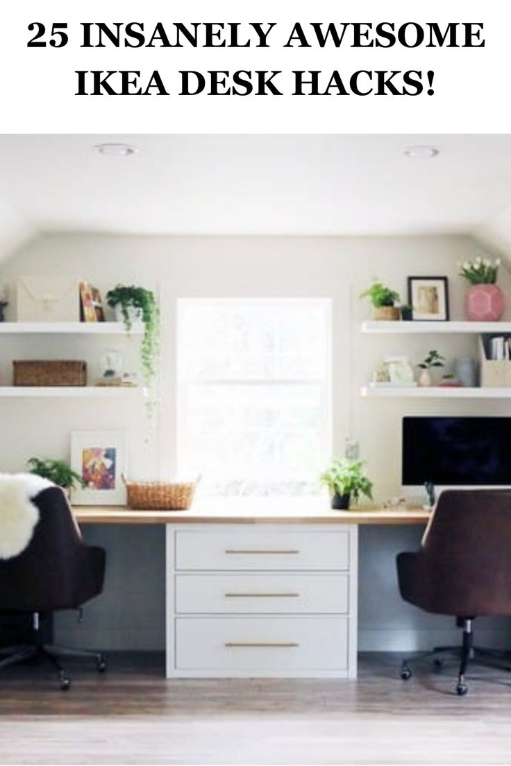 Easy IKEA Desk Hacks For Home Offices, Work Spaces And Craft Room Organization Office Nook Slanted Ceiling, Ikea Cabinet Hack Office, Ikea Shelves Above Desk, Ikea Desk In Living Room, Ikea Hack Home Office Desk, Ikea Home Office Ideas For Two, Ikea Desk Hack With Bookshelf, Open Shelving With Desk, Office Island Work Stations