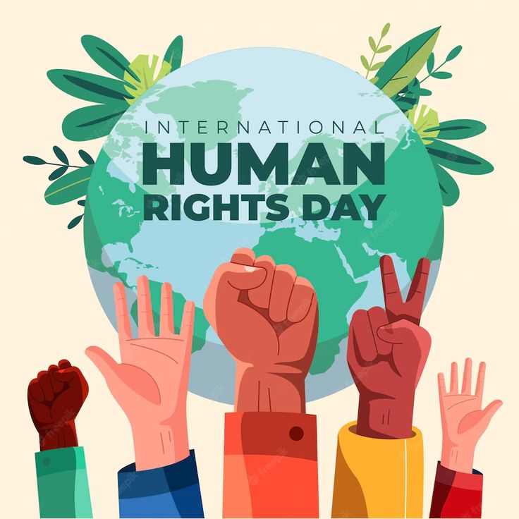 international human rights day poster with hands raised up in front of the earth and greenery around it