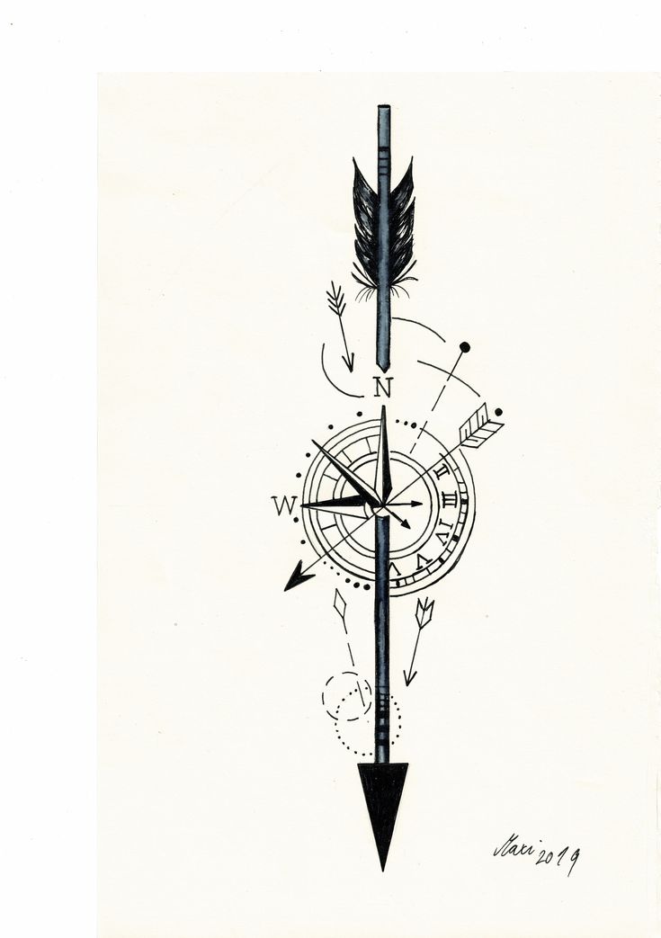 a black and white drawing of an arrow with arrows on it's back side