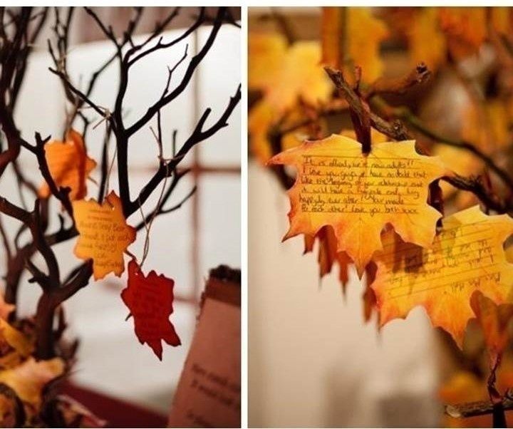 two pictures of autumn leaves hanging from branches with writing on them and the same tree branch