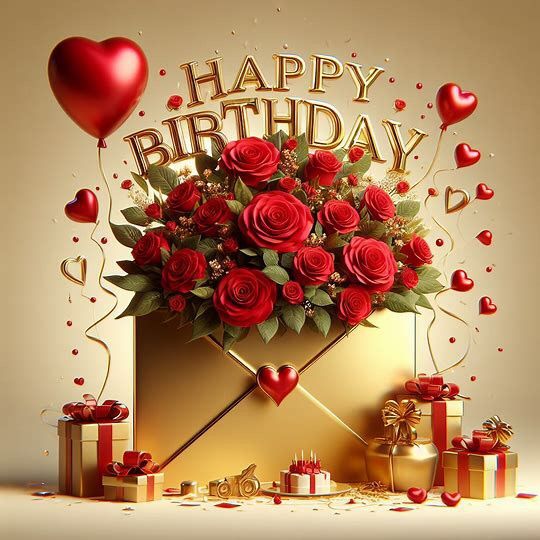 a happy birthday card with red roses in an envelope surrounded by gift boxes and balloons